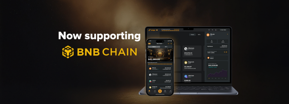 Announcement of BNB Chain support on a crypto exchange app, shown on a phone and laptop screen, both displaying portfolio values and charts.