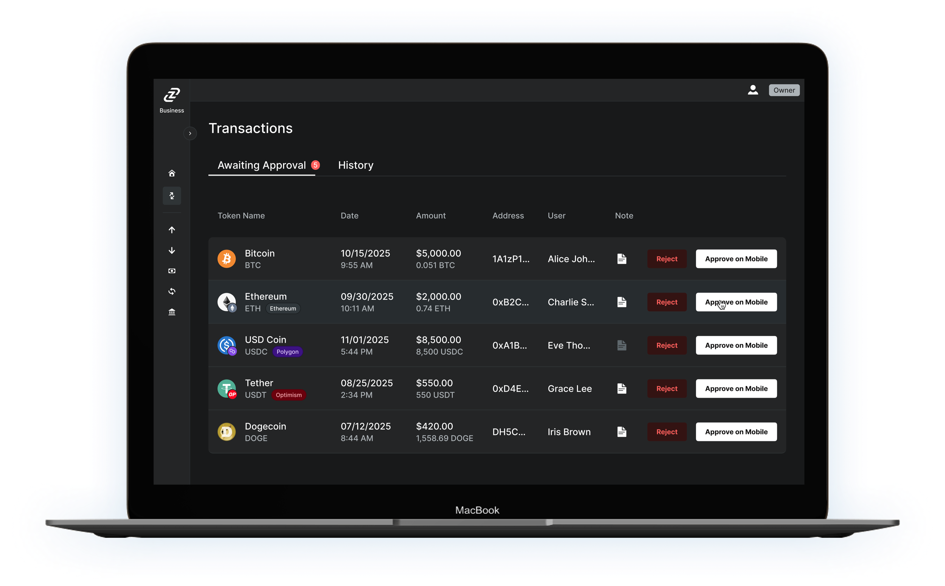 Laptop displaying a Zengo Business screen for a crypto business account with pending transactions and approval options